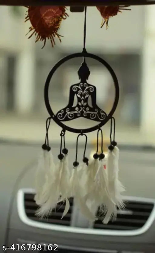 Handmade Shiva feather dreamcatcher with Lord Buddha emblem, positive vibe car hanging emblem for home decor