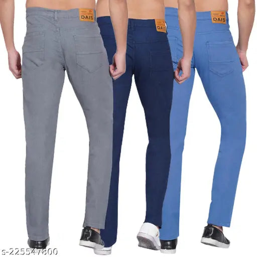 Dark blue cotton blend men's jeans pack 3, dyed/washed style, solid stretchable, mid-rise, straight fit