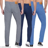 Dark blue cotton blend men's jeans pack 3, dyed/washed style, solid stretchable, mid-rise, straight fit