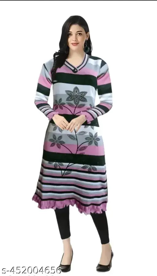 Multi-colored woolen Jhalar Kurti, three-quarter sleeves, modern designer winter wear for women and girls, India