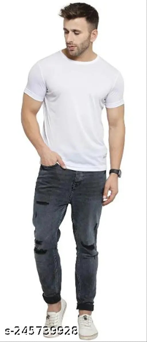 Plain white round neck polyester Holi t-shirt for men, short sleeves, printed net design, breathable, easy to maintain, comfortable, and suitable for daily wear or casual events. Made in India