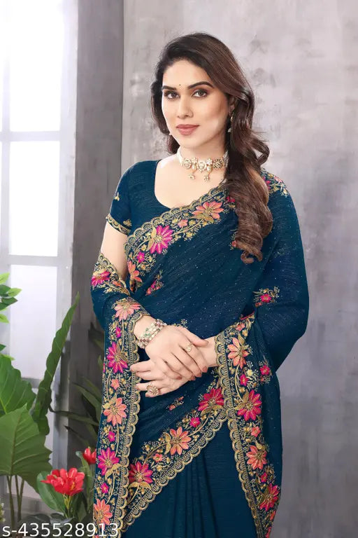 Georgette embroidered saree with matching running blouse, Indian party wear in Zari embroidery pattern