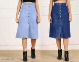 Denim midi skirt, dyed/washed denim for women, great for casual to formal wear, fits most body types well, length 34 inches, sizes from 28 to 40, origin India