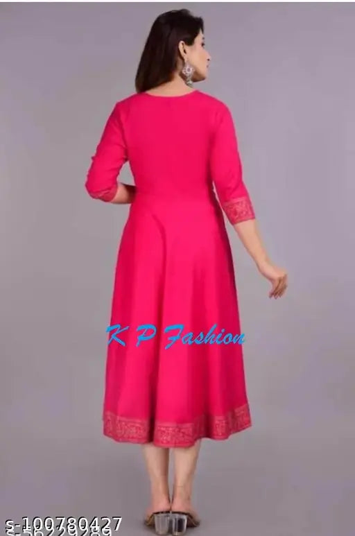 Pink rayon three-quarter sleeve Anarkali Kurti, border printed, Sparsh Collections, India
