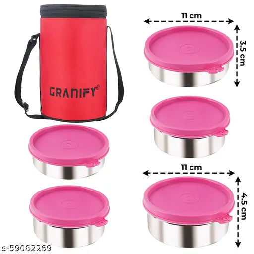 Red circular stainless steel lunch box set with 5 containers, microoven unfriendly, pack of 1, 24cm x 12cm x 12cm