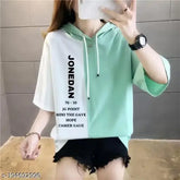 Cotton blend, oversized hooded t-shirt with global print, women's trendy fashion on display
