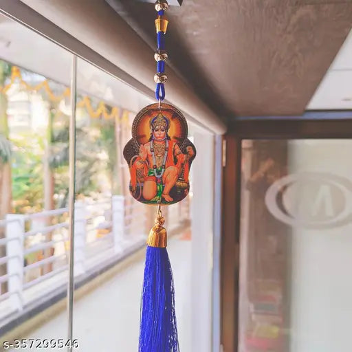 Blue tassel Shiv Jagdamba religious Lord Hanuman auto showpiece, wooden wall hanging ornament for good luck and gifting, 60mm x 40mm charm size, 350mm long chain
