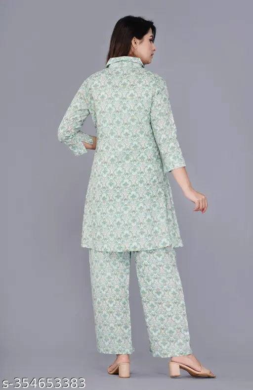 Women's floral printed green coord set, rayon fabric for formal and informal events. Sizes include S (26in/38in/38in), M (28in/40in/38in), L (30in/42in/38in), XL (32in/44in/38in), XXL (34in/46in/38in), XXXL. Made in India