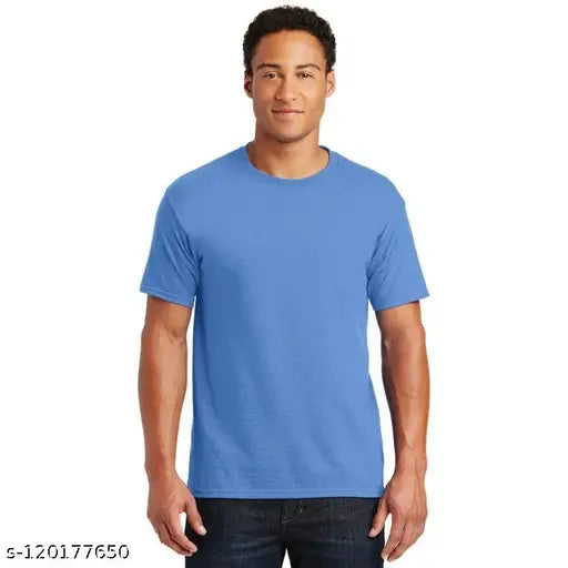 Azure blue cotton blend round neck half sleeve T-shirt, perfect for off-duty looks in solid color