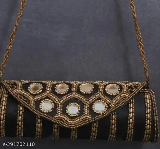 Black embroidered net fabric clutch with round mirror, 3 compartments, free size (24x7 inches), women's sling bag from India