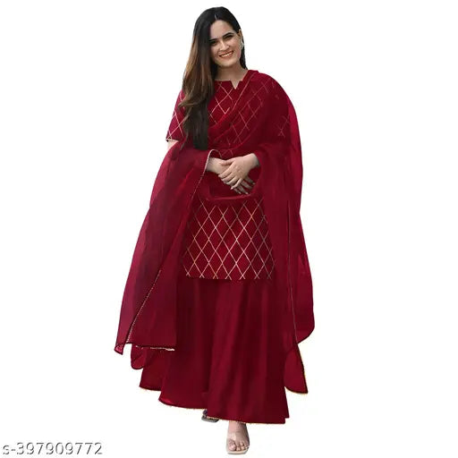 Diwali2024 Special SelfGift Arya Womens Rayon Slab Straight Kurta Sarara with Net Lace Border and Dupatta - Indian vintage dress in pleasant colors for special occasions