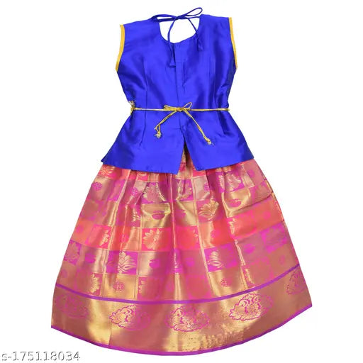 Embroidered cotton pavadai lehenga choli for kids, traditional grand pattern in three colors. Indian-made, high-quality embroidery