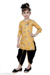 Mustard yellow checked Patiala suit for girls, RK Collection. Cotton silk fabric, knee-length anarkali top and patiala bottom. Indian ethnic wear for kids aged 3-9 years