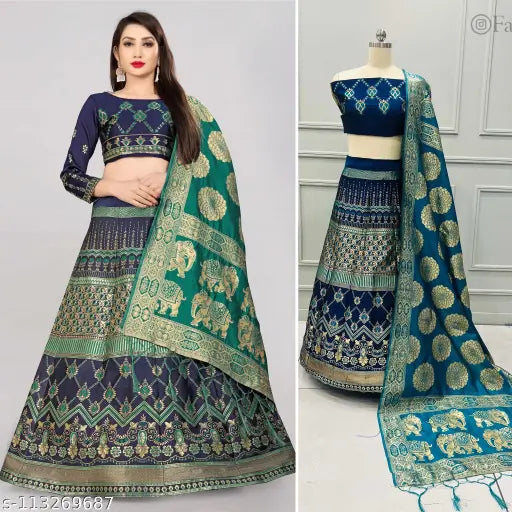 Banarasi new design lehenga choli, art silk with jacquard patterns, fully-stitched semi-stitched lehenga (38m waist, 41m length), unstitched choli and dupatta (36in x 2.2m). Indulge in best quality Indian handloom Banarasi silk