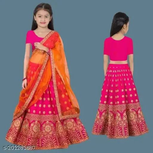 Taffeta silk embroidered lehenga choli set for girls, featuring short sleeves and net dupatta, traditional Indian party wear for 4-15 years