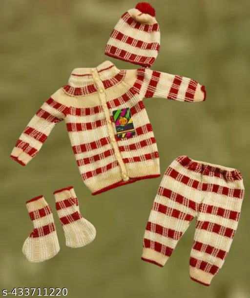 Red colorblocked wool sweater set for newborn boys & girls (4 pc)