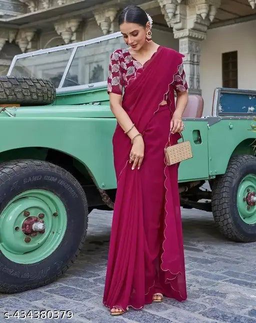 Pink Georgette saree with leaf design and matching blouse, elegant multicolor Indian saree for women's festive wear