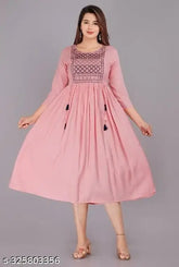 Pink rayon kurta by Shambhavi Creations, three-quarter sleeves, solid design, Indian origin