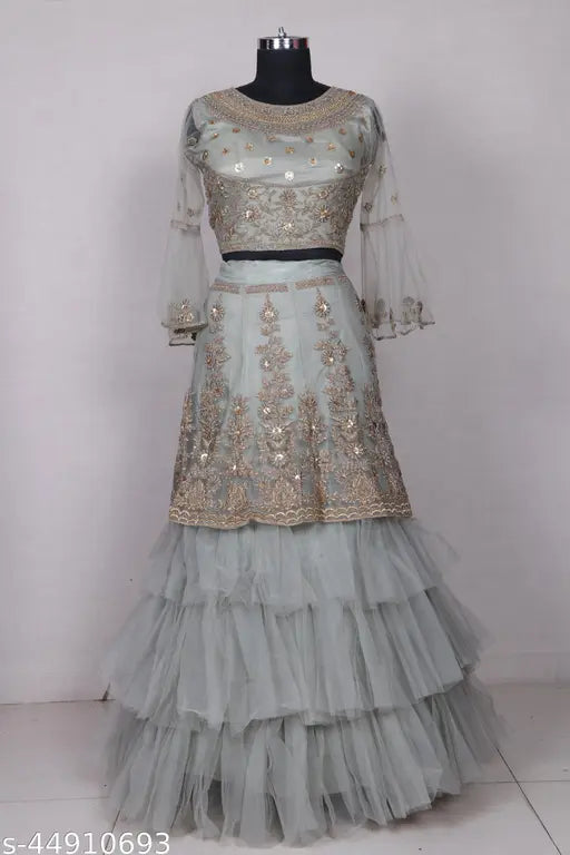 Olive net embroidered Aakarsha Voguish women's lehenga set - semi-stitched (40in, 41in, 2.2m)