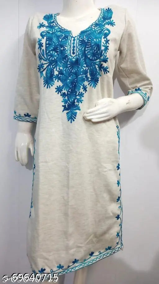 Light grey over blue embroidered wool kurti for women, trendy day/wedding wear with camellia pattern, India-made