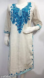 Light grey over blue embroidered wool kurti for women, trendy day/wedding wear with camellia pattern, India-made
