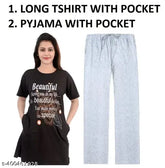 Printed cotton women's long length half-sleeve roundneck pyjama t-shirt set, nightwear for women in multiple sizes