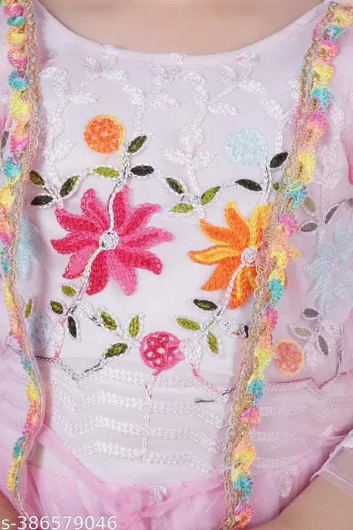 Pink embellished net gown for kids (3-12 years), Indian handcrafted design
