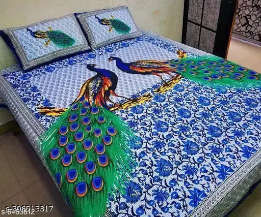 Luxurious peacock-patterned premium cotton flat sheets for adults, ideal for summer. Soft, smooth, and breathable bedding made in India