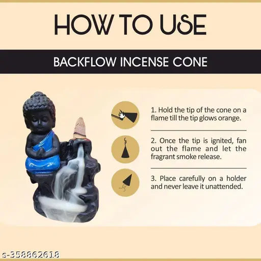 Blue poly resin Buddha idol with backflow cone, handcrafted artifact showpiece featuring 21 cones creating a smoky waterfall effect