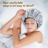 Grey satin sleep cap bonnet with adjustable size and 3 free scrunchies, double-layered reversible design for natural hair protection. Protects from heat, dust, and moisture absorption