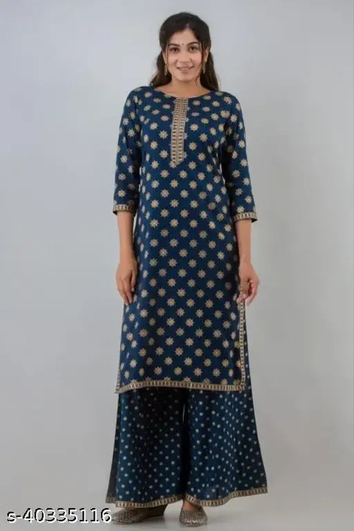 Rayon gold foil print Banita Fabulous Women's Kurta set with palazzos, solid design, three-quarter sleeves, Indian ethnic wear" (123 characters)