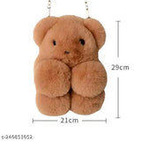 Synthetic checked net fluffy bunny sling bag, ideal for girls' casual outings, removable strap, India origin