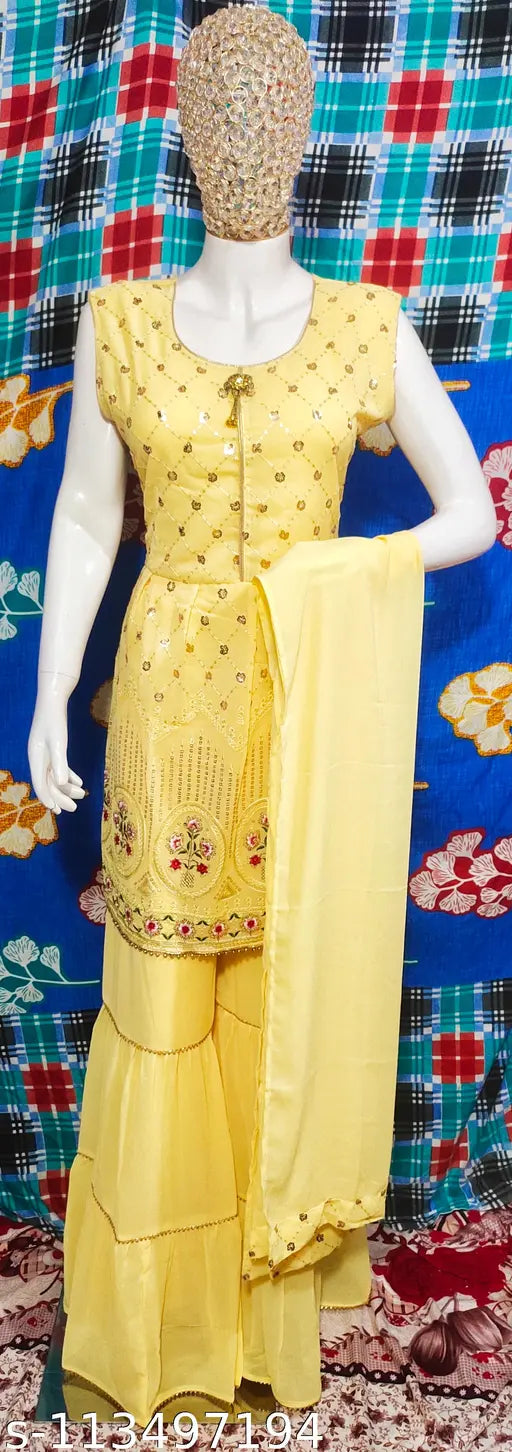 Georgette embroidered two-piece frock sharara with dupatta, featuring ketty work and lace details, single item from India