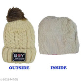 Cream wool beanie cap with fur lining and soft pompom, warm winter accessory for chilly days
