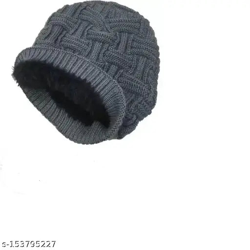 Grey woolen beanie cap, self-design pattern for men and women, handmade in India