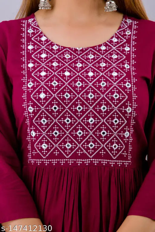 Embroidered viscose rayon A-line kurta for women in vibrant colors, three-quarter sleeves - Women Touch, Indian brand