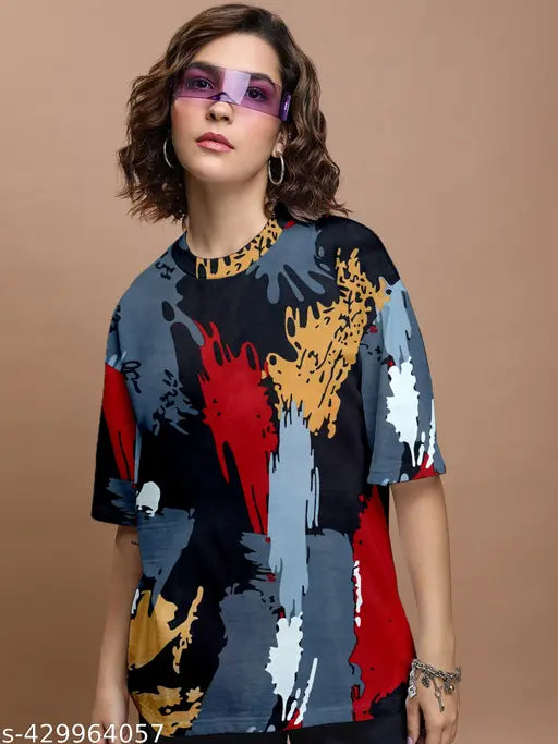 Multicolored cotton blend oversize t-shirt for women with short sleeves and printed net pattern, ideal for sports or casual wear