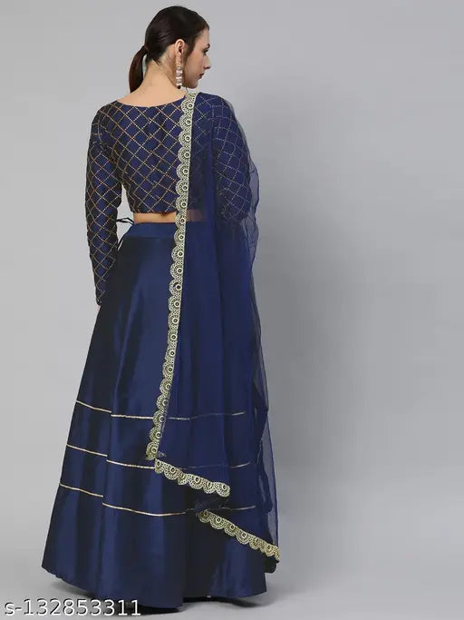 Navy Blue Embroidered Semi-Stitched Lehenga & Unstitched Blouse with Dupatta (Art Silk, Net), embellished Indian traditional wear, semi-stitched lehenga waist size 40 in, length size 42 in, dupatta length size 2.2 in