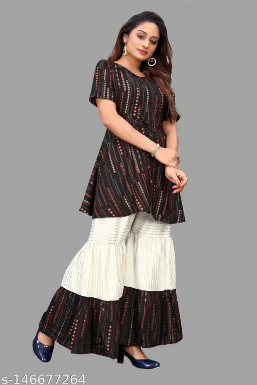 Rayon Indian ethnic tunic top and sharara set, printed net design on S, M, L sizes