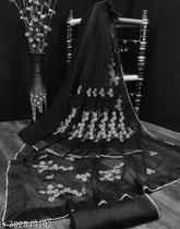 Black net saree with intricate embroidered work and unstitched dupion silk blouse pieces, featuring all-over border moti work