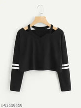 Pink cotton blend script winter V-neck black crop t-shirt, long sleeves, women's casual wear