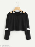 Pink cotton blend script winter V-neck black crop t-shirt, long sleeves, women's casual wear