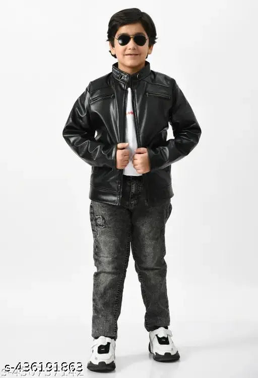 Leather solid pattern ethnic jacket for boys aged 4-7 years, handcrafted Indian apparel