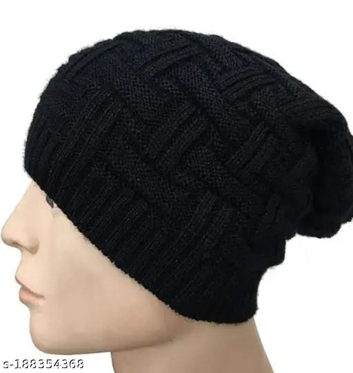Thick soft black wool-acrylic beanie with fur interior, chunky knit, one size fits all for men & women