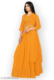 Trending women's ethnic Georgette set, includes top, bottom, and Koti top. Three-quarter sleeve, full stitched jacket lehenga choli. Embroidered with gotapatti and embroidery work. Sizes: S (34/38/39), M (36/40/39), L (38/42/39), XL (40/44/39). Origin: India