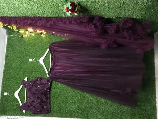 Wine jute-silk lehenga with net dupatta and embroidered choli, ready-to-wear for women and girls, semi-stitched or free size