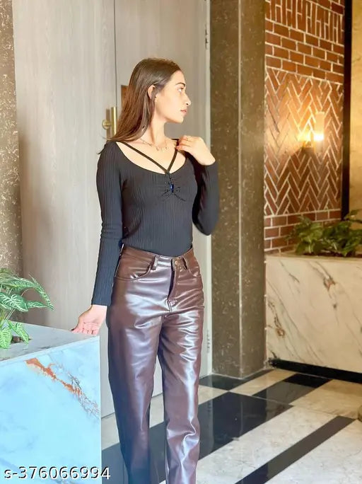 Leather women's trendy Insta trouser, solid-patterned fashion trousers with a 28", 32", or 34" waist and 38" length, made in India
