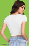Casual white polyester crop top, 17 inches, solid pattern for women's casual wear