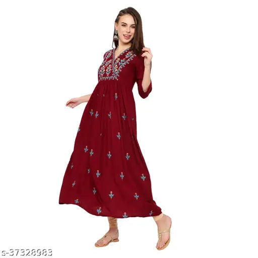 Rayon embroidered A-line kurta, three-quarter sleeves, Indian women's fashion