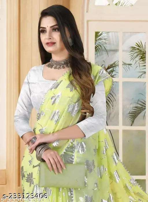 Georgette saree with zari woven pattern and solid net blouse, single free size dipka saree from India